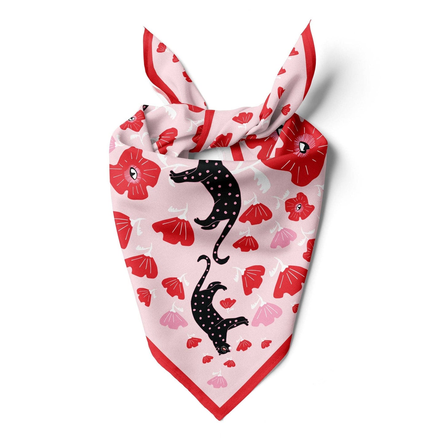 Scarf with red floral and cat pattern on a white background