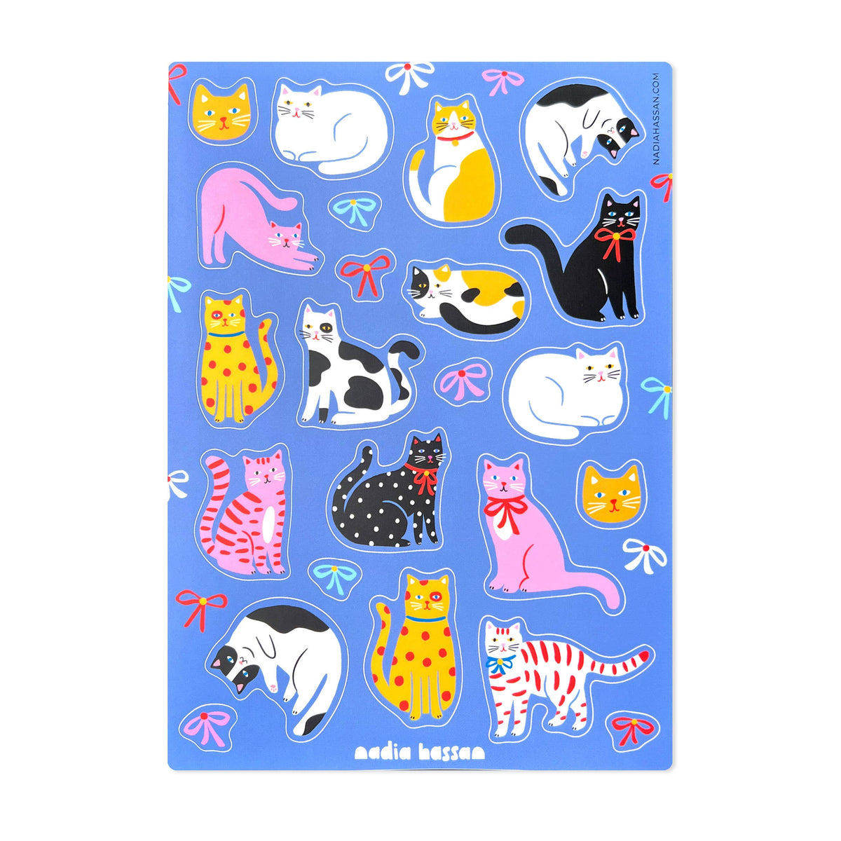 Sheet of colorful cat stickers with various designs on a blue background