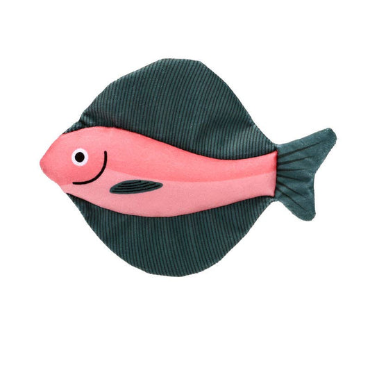 Fish-shaped toy with pink body and green back on a white background