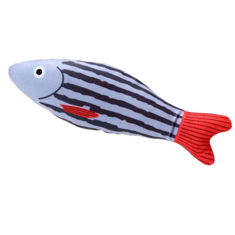 Fish-shaped toy with black stripes and red tail on a white background