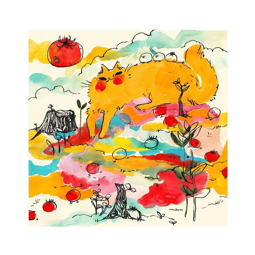 Colorful illustration of a cat among tomatoes and flowers on a white background