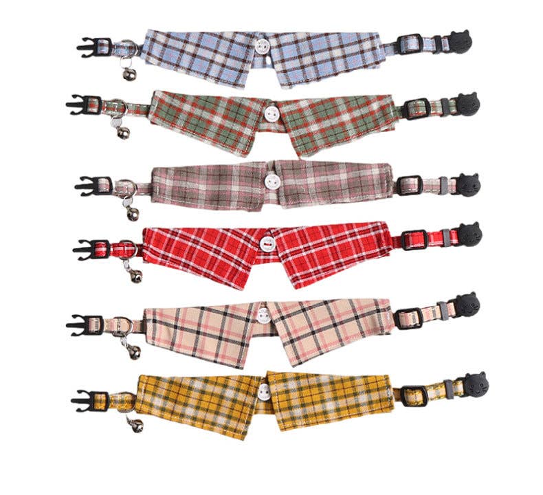 Set of plaid dog collars with adjustable straps on a white background