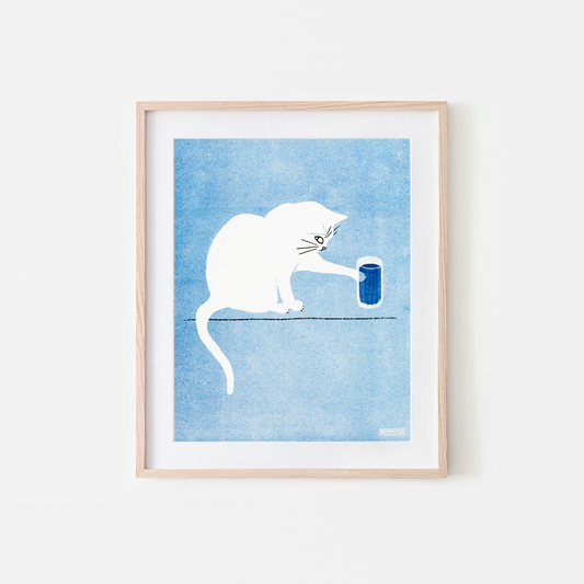 Water Glass Cat Risograph Art Print
